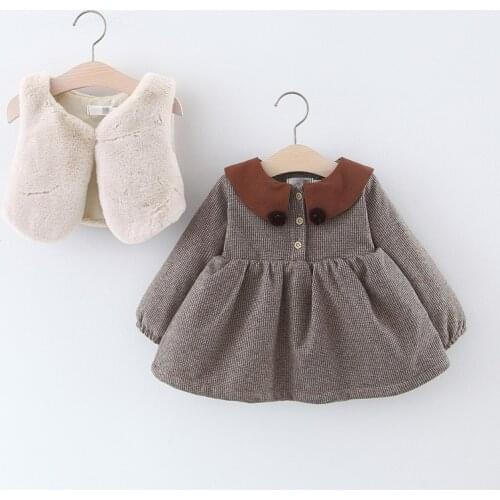 Girl Long Sleeve Dress with Furry Vest Children Winter Warm Dresses 2021 New Baby Winter Furry Vest with Dresses Coats