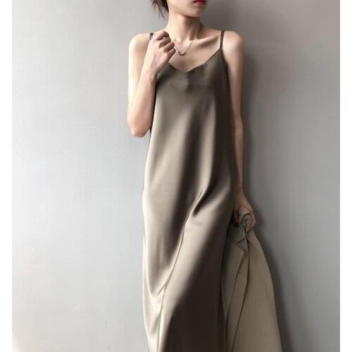 Summer Women Dress Long Vintage Boho Elegant Casual Basic Satin Vestidos V-Neck Sleeveless Sundress Ladies 2021 korean fashion
