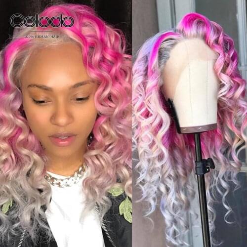 Pre Plucked Curly Human Hair Wig with Baby Hair Pink Blue Red Lace Front Human Hair Wigs Transparent Lace Wigs for Women COLODO