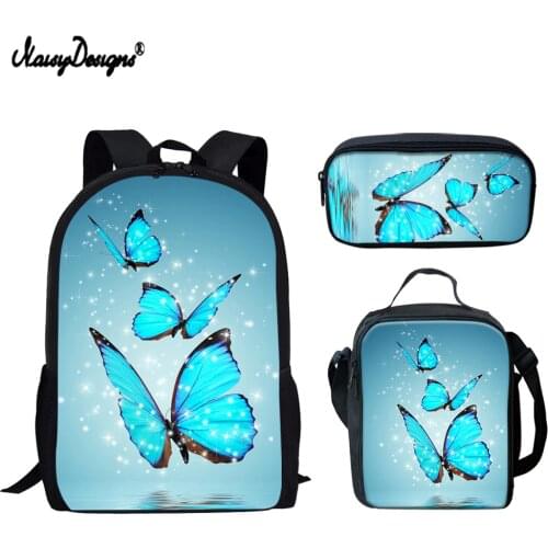 NOISYDESIGNS Blue Butterfly Printing Backpack for Teen Boy Girls School Bag Set Student Bookbag Children Satchel Daypack Mochila