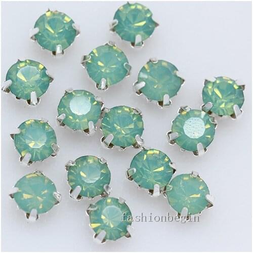 3/4/5/6/7/8mm green opal Sew on Round crystal glass Rhinestone Silver Claw montee 4-hole sewing Dress stone jewelry making beads