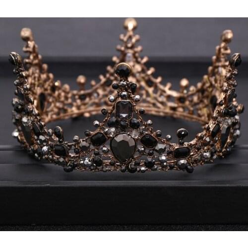 Vintage Baroque Black Rhinestone Crystal Crown Bridal Tiara Queen Round Crown Princess Headdress Wedding Hair Accessories Gift