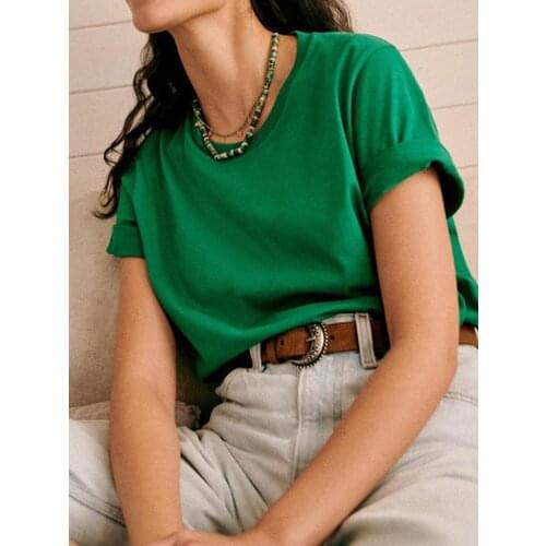 Women T-shirt Classic Basic Curled Solid Color Short-sleeved T-shirt 100% Cotton