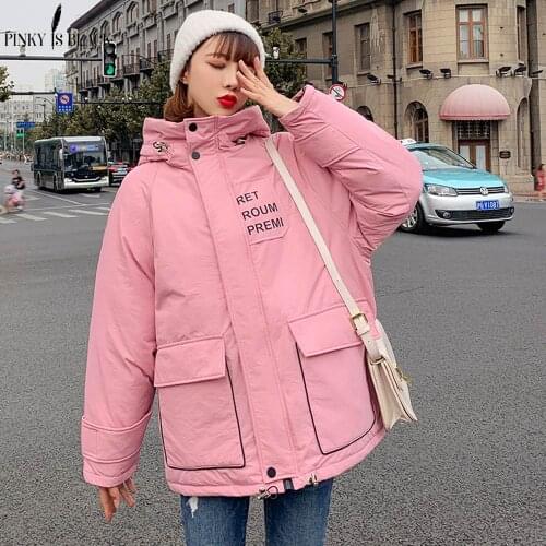 PinkyIsBlack New 2019 Winter Jacket Women Two Big Pockets Hooded Female Cotton Padded Outwear Winter Coat Womens Loose Parkas