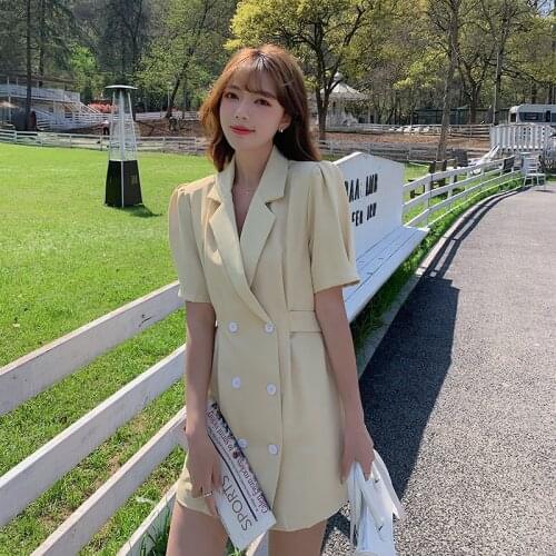 Solid Color Lapel Women Suit Dress Summer Fashion Double-breasted Short Sleeve Dress 2021 Elegant Office Ladies Dresses