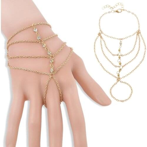 Fashion Women Crystal Multilayers Bracelet Bangle Finger Harness Hand Chain Jewelry Gift