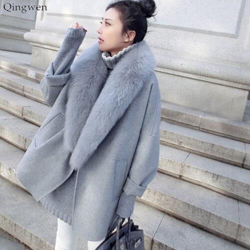 Women New Fashion Autumn Winter Woolen Coat Animal Fur Warm Wool Long Coat Abrigos Mujer Invierno 2019