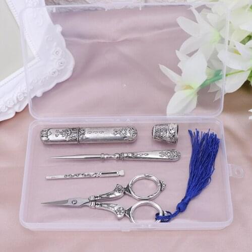 1 Set Vintage Embroidery Scissor Needle Case Sewing Thimble Awl Needlework Tools Drop shipping