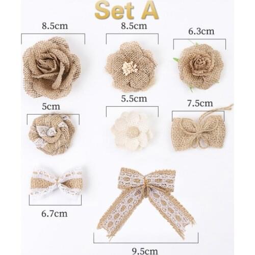 1 Set Handmade Burlap Flowers Bowknot Set Vintage Natural Hessian Jute Rustic Wedding Party Home DIY Decoration Supplies