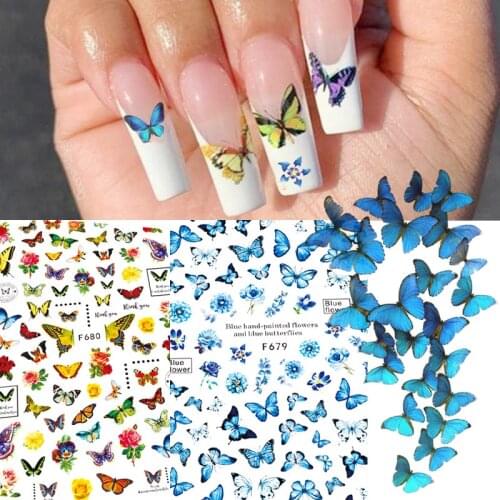 1pcs Watercolor Butterflies Sliders Blue Yellow Black Nail Decal Sticker Summer Flower Nail Art Decoration Water Tattoo Manicure