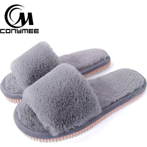 2019 Womens Fur Slippers Winter Shoes Big Size Home Slippers Plush Pantufa Women Indoor Warm Fluffy Terlik Cotton Shoes ZJ-MM