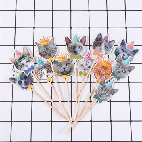 24pcs Cute Cat Cake Toppers Decoration For Birthday Party Cake Picks Pet Themed Party Cupcake Picks For Wedding Baby Shower A35