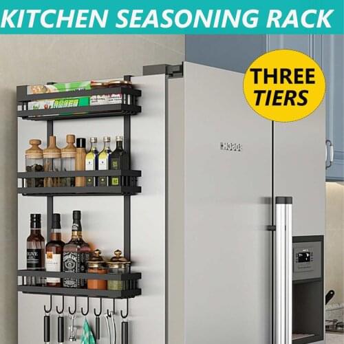 3-Tier Metal Refrigerator Side Storage Organizer Rack Fridge Spice Rack Multi Use Refrigerator Side Shel Wall-mounted Rack