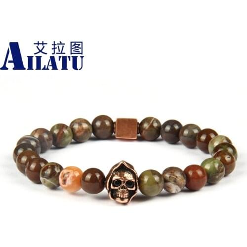 Ailatu Wholesale 10pcs/lot Vintage Punk Cz Skull Beaded Logo Square Bracelet with Natural Ocean Stone Beads Not Fade
