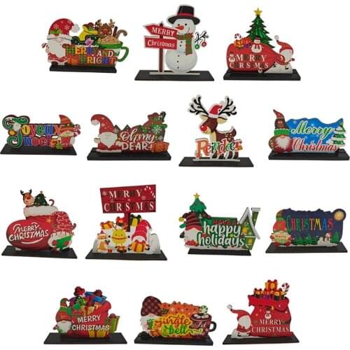 D7WA Christmas Wooden Sign Cartoon Santa Claus Snowman Gnomes Table Decoration Centerpieces Tier Tray Party Desktop Ornament