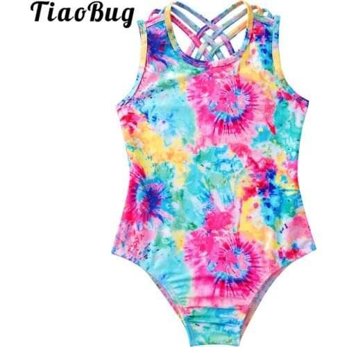 Kids Girls Gymnastics Leotards Colorful Print Athletic Bodysuit Criss Cross Ballet Dance Sport Clothes