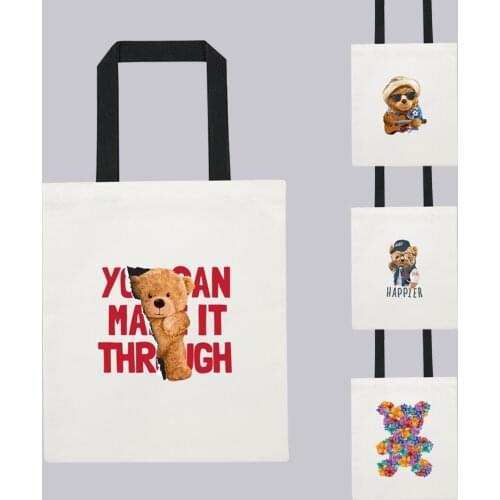 Women Eco Shopping Bag Cute Cartoon Teddy Bear Series Graphic Print Shopper Shoulder Bag Bolsa Canvas White Tote Bag Handbags