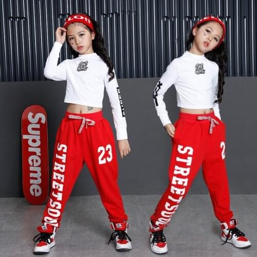 Spring Autumn Girls Sets Clothing White Black Cotton Long Sleeve Cropped T Shirts And Pants Set Kids Hip Hop Costumes For Girls