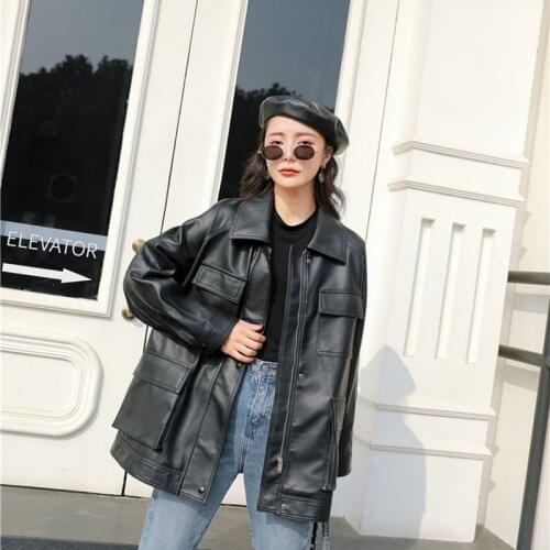 Mid-length Black Faux PU Leather Jacket Female Motorcycle Biker Jackets Spring Vintage Loose Big pocket Casual Long sleeve Coat