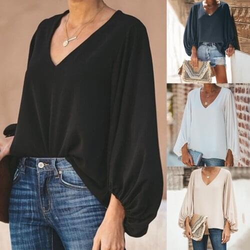 Summer Womens Leisure Solid Color V-Neck Vantern Sleeve Baggy T-Shirt Tops 2021 Fashion Ladies Lantern Sleeve T-Shirt Top F