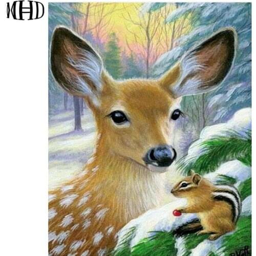 MHD DIY Full Round Deer Diamond Embroidery Squirrel Rhinestone Diamond Cross Stitch Diamond Painting Snow Mosaic Icon