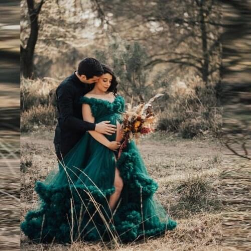 Hunter Green Puffy Tulle Maternity Dress Off Shoulder Women Gowns Ball Gown Photography Pregnancy Dress Custom Tulle Robes