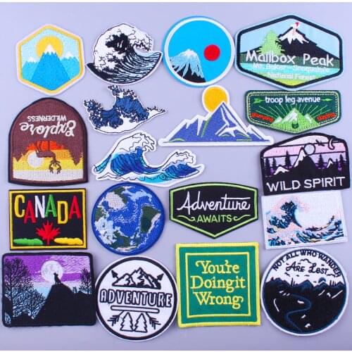 Pulaqi Outdoor Mountain Sun Patch Embroidered Patches For Clothing Adventure Camping Hiking Iron On Patches For Clothes Applique