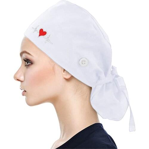 Unisex Scrubs Hats with Button Women Men Heart Printed Reuseable Casual Hats Bandage Adjustable Caps Washable Working Caps