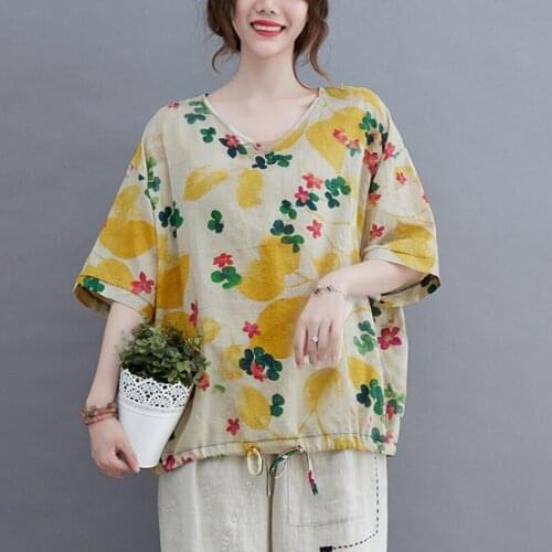 Women Summer Cotton Linen Casual T-shirts New Arrival 2021 Vintage Style Floral Print Loose Comfortable Female Tops Tees B188