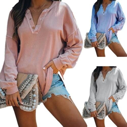 Woman Tshirts 2021 New Outfit Tees Pure Color Long Sleeve Female v-neck Button Jacket Harajuku T Shirt Women BX2089