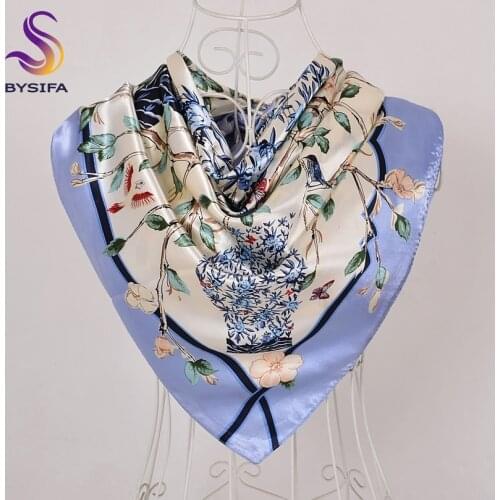 [BYSIFA] Chinese Style Women Silk Scarf Ne Roses Vase Pattern Blue Satin Large Square Scarves Wraps Elegant Muslim Headscarves