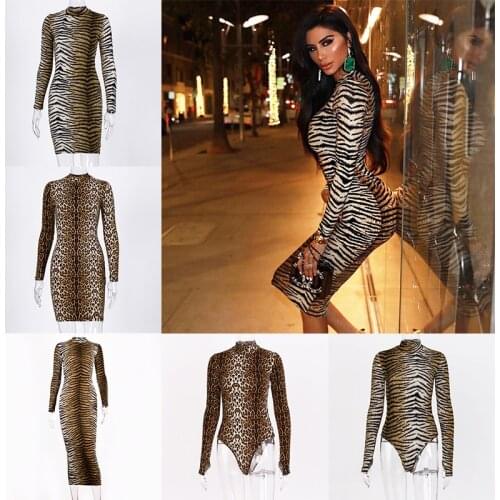 Hugcitar leopard print long sleeve slim bodycon sexy dress 2019 autumn winter women streetwear party festival dresses outfits