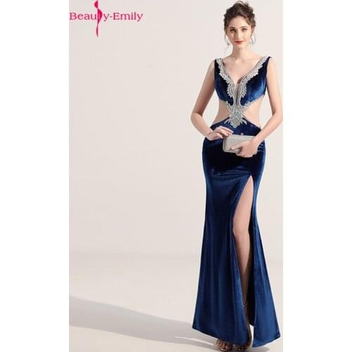 Sexy V Neck Illusion Sleeveless Evening Gown for Women Fashion Beading Blue Velour Zipper Back Formal Dress with High Side Split