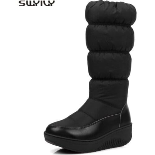 SWYIVY Winter High Boots Woman Wedge Swing Shoes Lose Weight 2019 Winter Warm High Boots Platform Slimming Snow Boots For Woman