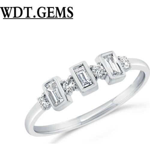 0.27CT 10K White Gold Bezel Set Baguette Cut Round Real Diamond Statement Ring