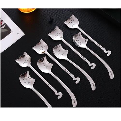 100pcs Creative Teaspoon Long Tail Cat Coffee Spoon Bent Handle Stainless Steel Dessert Spoon Birthday Gift Tableware SN3847