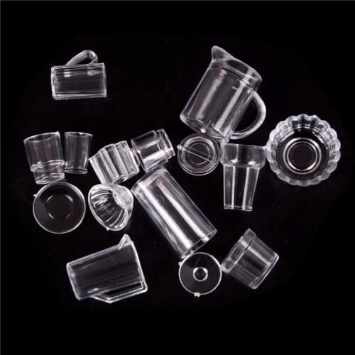 15Pcs 1:12 Scale Miniature Transparent Plastic Plate Cup Dishes Bowl Tableware Set Doll Food Kitchen Cooking Accessories