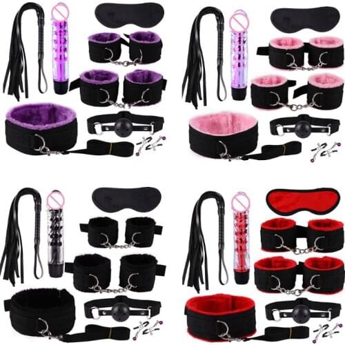 8Pcs/Set Erotic Bondage BDSM Adult Sex Toys Handcuffs Mouth Gag Whip Nipple Clamps Blindfold Vibrator for Couples Games