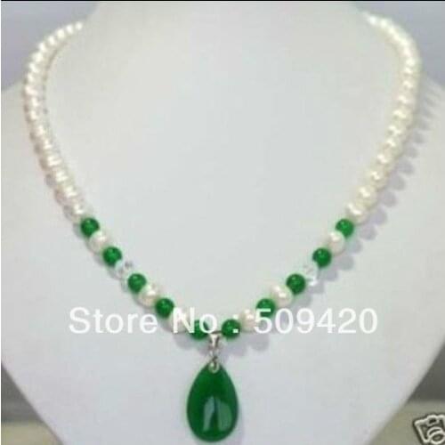 Free Shipping White Freshwater Pearl & green jade Pendant Necklace 18"