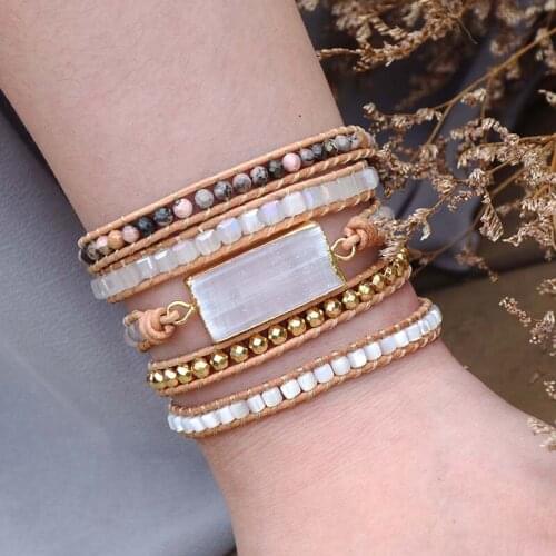 Natural Gypsum Stone Leather Bracelet Newly Chic Bohemia 5X Wrap Bracelet Women Jewelry Gifts