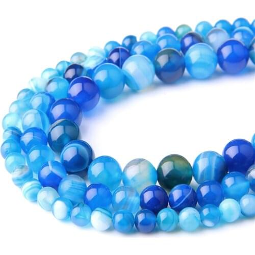 Natural Blue Stripe Agates Stone Beads 4 6 8 10 12MM Polished Round Agates Loose Beads for DIY Jewelry Making Bracelet Necklace