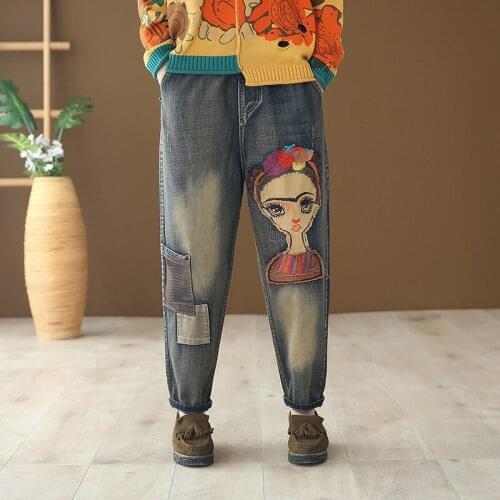 Ripped Embroidery Boyfriend Jeans Women Plus Size High Waist Loose Art Denim Harem Pants Female Cartoon Patchwork Trousers Jean