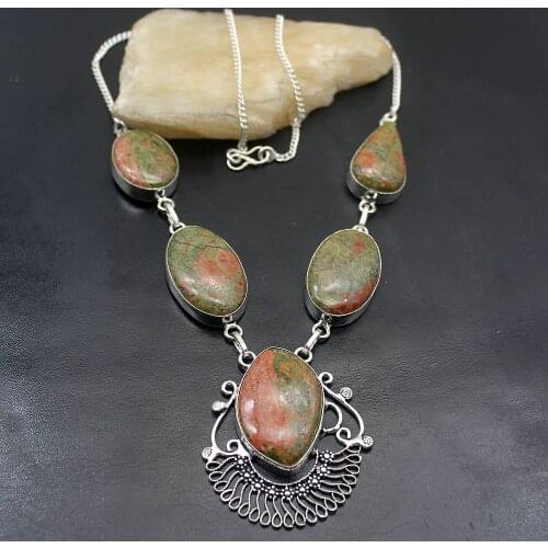 Hermosa Fashion Jewelry Natural GreenUnakite Silver Color Chain Necklace 20 inch A358 Free Shipping