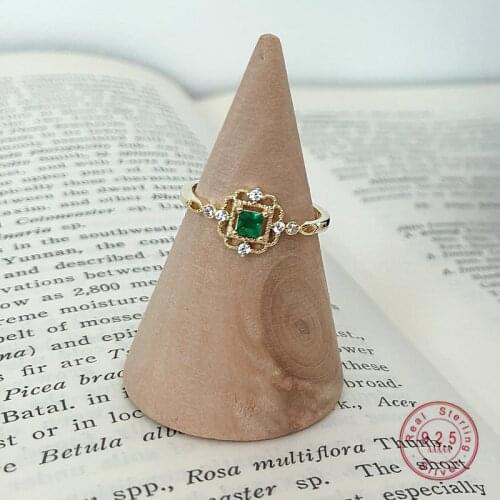 HI MAN 925 Sterling Silver Real Gold Plating 14K Gold Korean Green Zircon Carved Vintage Ring Women Simple Gift Jewelry