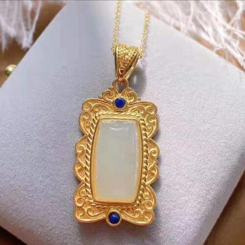 S925 Sterling Silver Inlaid Natural Hotian Jade Pendant Lapis Lazuli Hetian Jade Gentle Elegant Lapis Lazuli Noble