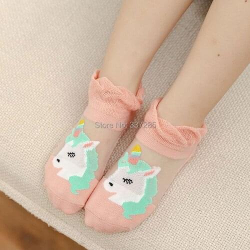 Girls summer socks lovely cartoon horse hollow out kids socks Ultra thin sheer breathable mesh lace child girls princess socks