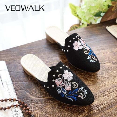 Veowalk 2cm Low Heel Women Knitted Cotton Fabric Mules Slippers Elegant Ladies Pointy Toe Summer Shoes Breathable Slides