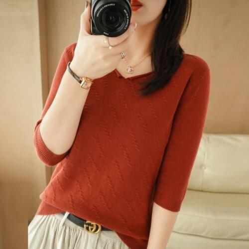 Early spring new style 100% cotton line middle-sleeved knitted bottoming shirt womens V-neck loose thin blouse half-sleeved