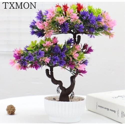 New Artificial Flower Plants Potted Ornament Welcome Pine Bonsai Desktop Fake Ootted Pants Decoration Plastic Flower Decoration