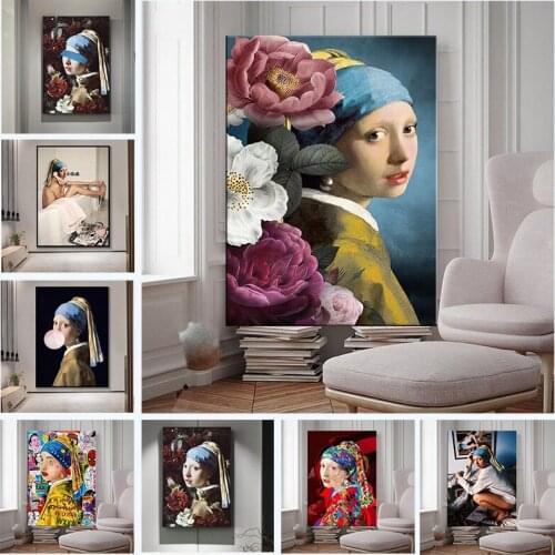 Funny Girl with Pearl Earrings Posters Retro Bubble Woman Canvas Painting Prints Nordic Wall Art Pictures For Living Room Decor